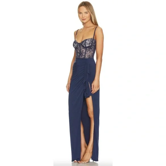 NWOT KATIE MAY Willow Floral Lace & Jersey corset Gown in Deep Sea sz S
